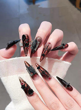 纯手工穿戴甲万圣节酒红色猫眼美甲片欧美暗黑系乌鸦玫瑰假指甲贴