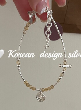 清迈手工小众ins设计饰品 S925纯银手工银花花黄水晶切面竹节手链
