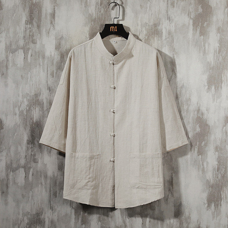 秋季薄款立领七分袖改良中国风盘扣衬衫青年男士棉麻纯色口袋上衣,淘宝优惠券,粉丝福利购,淘宝优惠卷