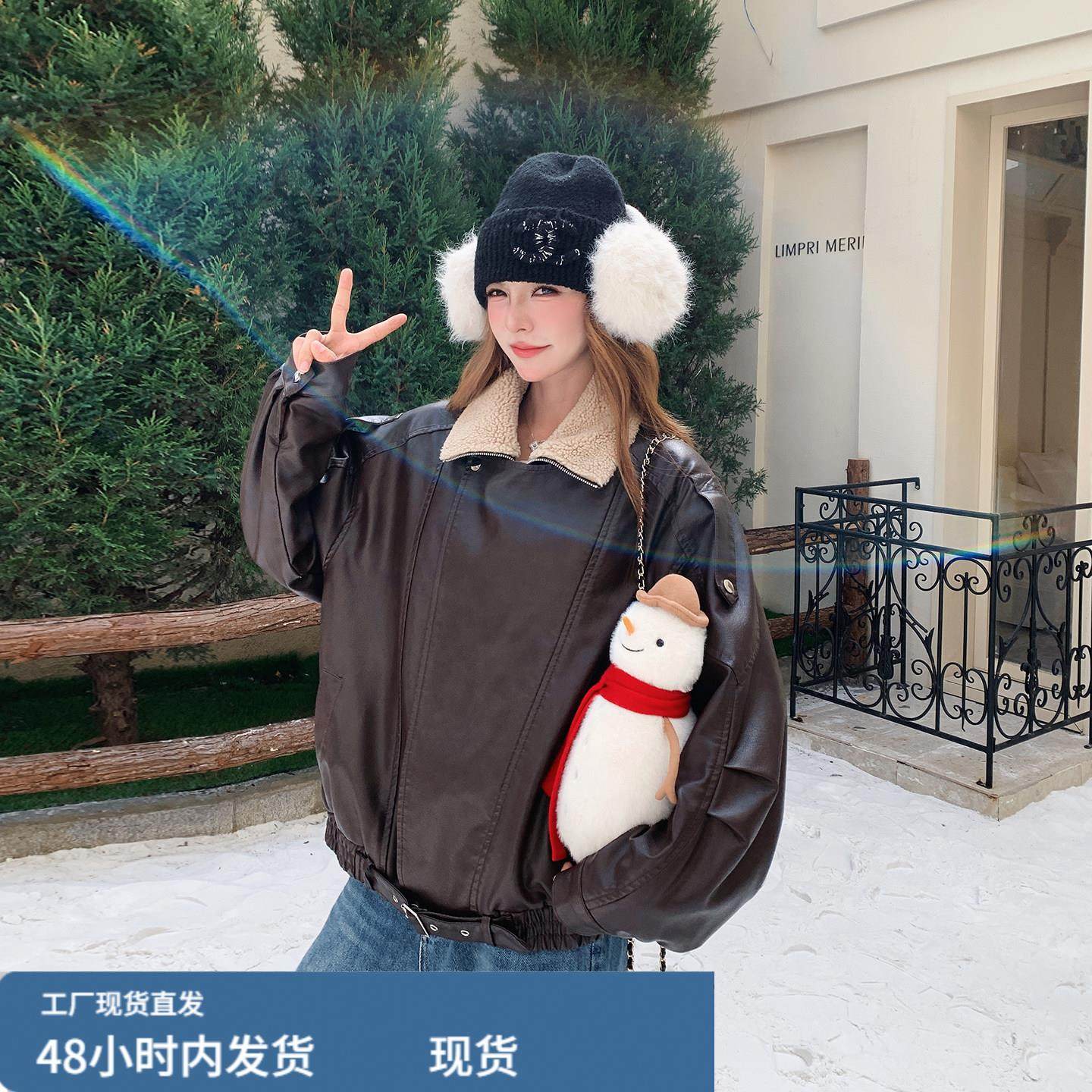 咖色高级感皮毛一体皮衣外套2025新款女冬机车风夹棉美拉德派克服,淘宝优惠券,粉丝福利购,淘宝优惠卷