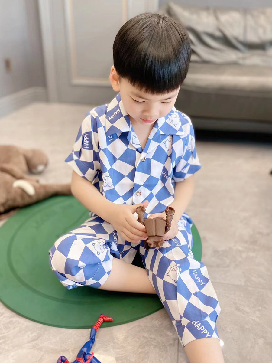 中小童棉绸空调服家居服男女童夏季睡衣短袖长裤防蚊套装蓝色恶魔