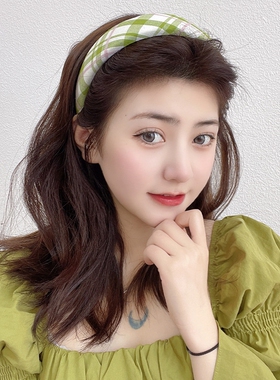 绿色系头箍发箍复古港风格子