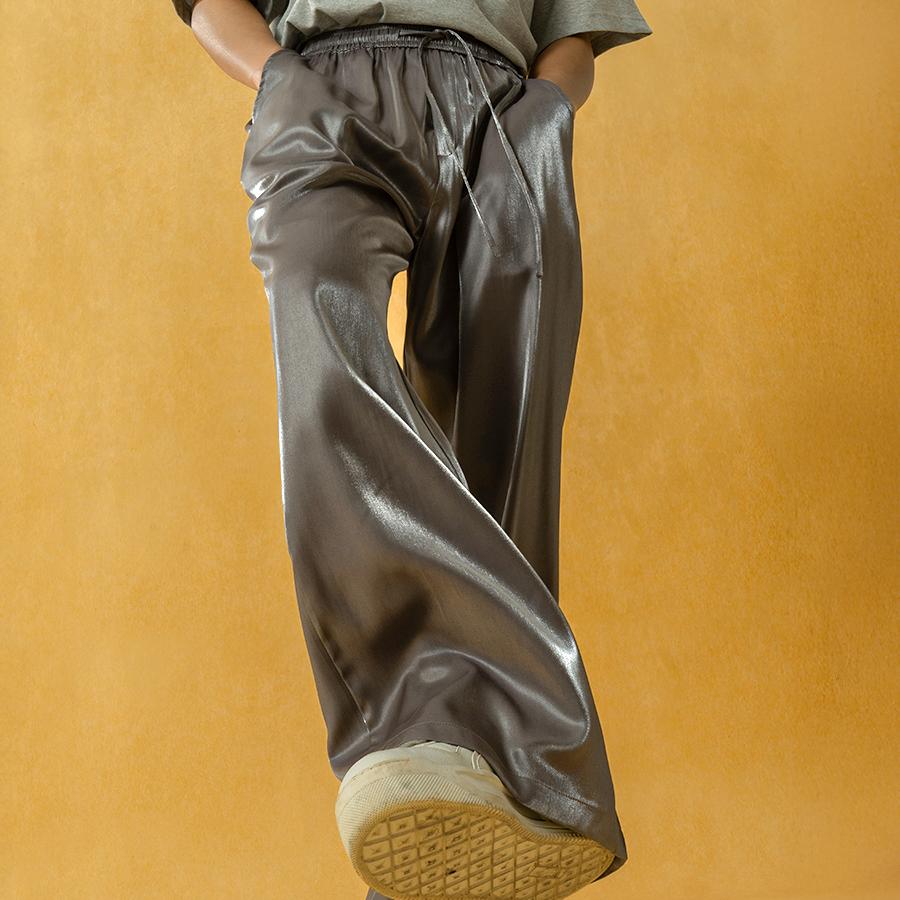 CLP灰黑色亮面银光反光休闲裤男宽松阔腿直筒垂感松紧腰高级复古 - 图1
