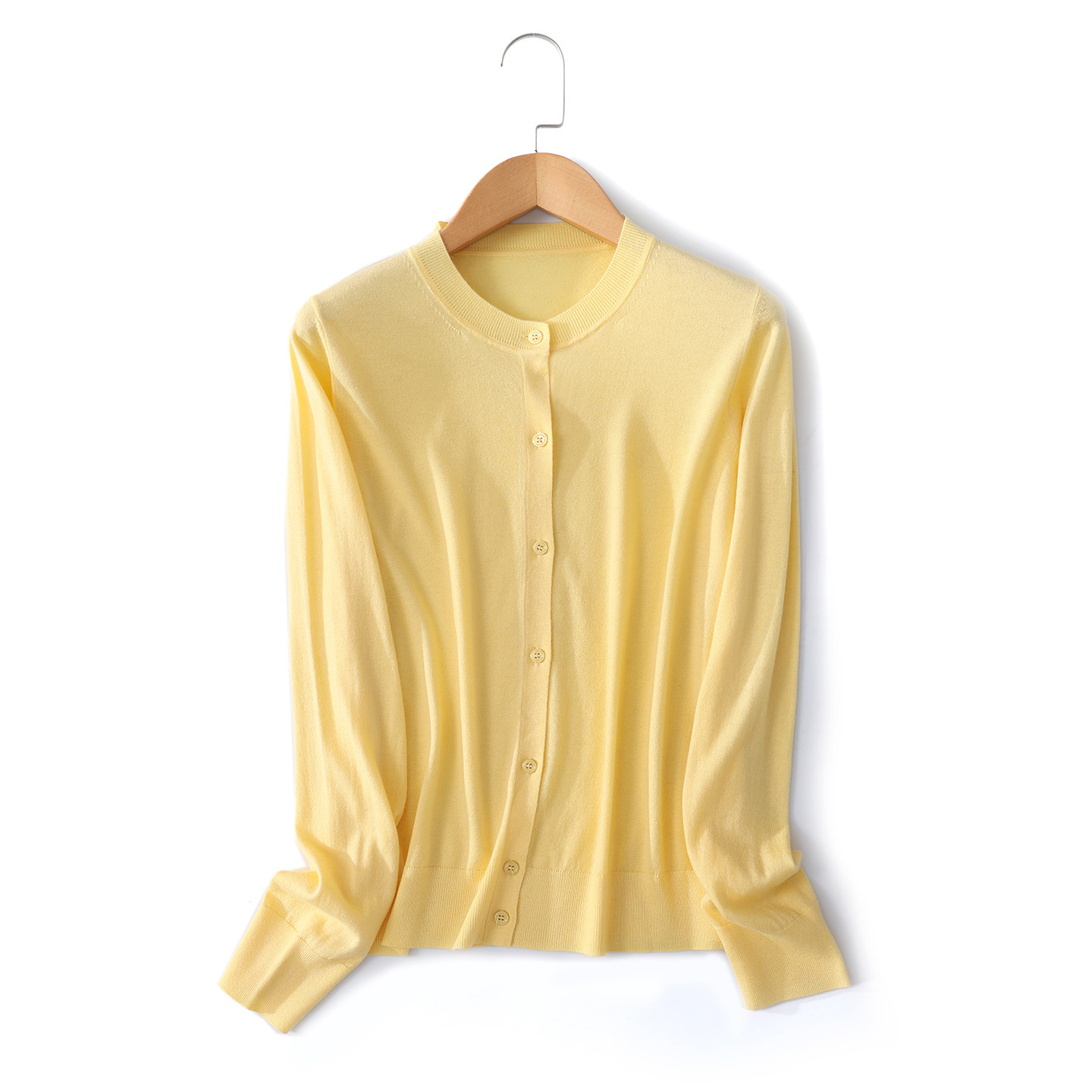 可机洗精纺扬子纱100%超细羊毛开衫女圆领薄款宽松防晒针织打底衫