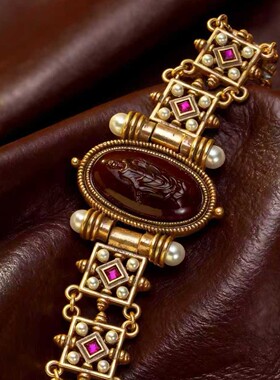 中古vintage浮雕手链复古重工西洋纹理手饰宫廷做旧珍珠镶钻手镯