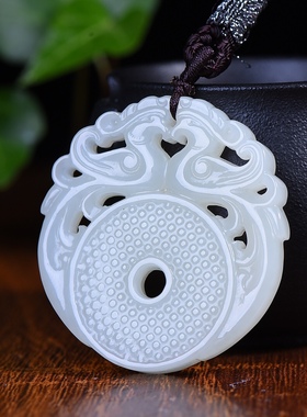新疆和田玉羊脂玉白玉青白玉仿古双凤如意牌吊坠男女士款挂件玉坠