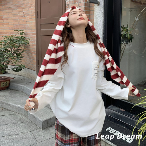 LEAP DREAM 长袖T恤女条纹披肩字母口袋上衣2025冬季新款官方授权 - 图2