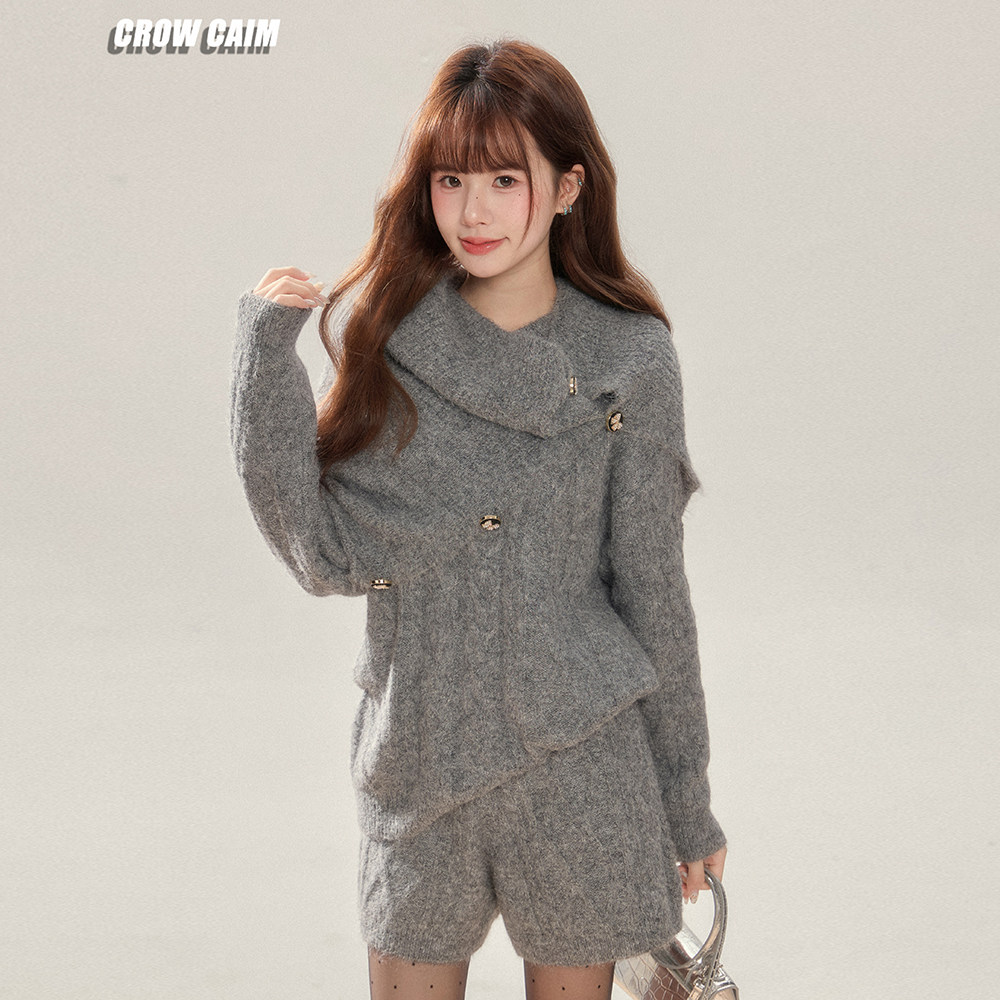 CROWCAIM时尚套装麻花针织毛衣短裤围脖三件套26春季新款官方授权,淘宝优惠券,粉丝福利购,淘宝优惠卷