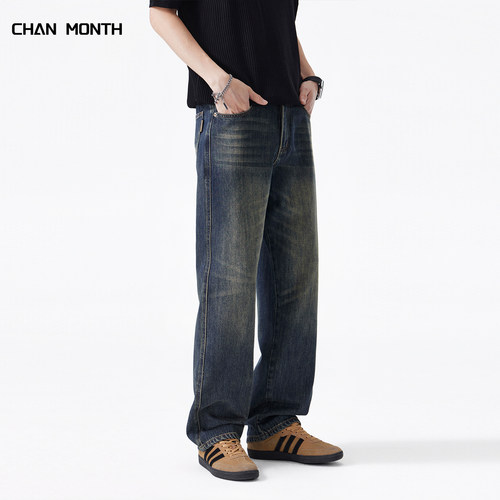 CHAN MONTH美式复古牛仔裤男潮牌百搭春季水洗阔腿高街直筒长裤子 - 图0