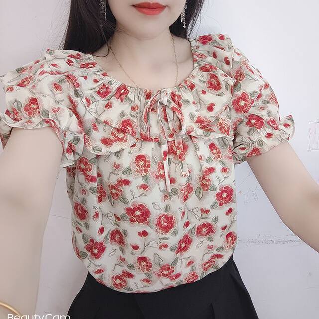 ເສື້ອຢືດ chiffon ຄໍສາຍດຽວຂອງແມ່ຍິງ lace top 2026 summer ຮູບແບບໃຫມ່ພິມເສື້ອ chiffon high-end ເສື້ອ chiffon ບ່າຫນຶ່ງ
