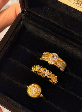 小富婆～古法黄金鸽子蛋2025年新款轻奢拉丝重工开口戒指镶嵌锆石