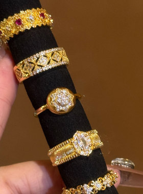 古堡花园◆新中式沙金镂空花纹开口戒指宫廷风复古金色食指戒指环