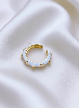 复古多色花朵珐琅釉镶钻开口戒指