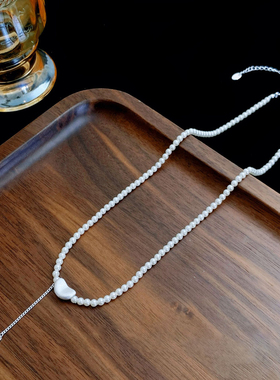 3mm小米珠珍珠项链女豆豆强光白色正圆拉丝桃心颈链银色元宝饰品