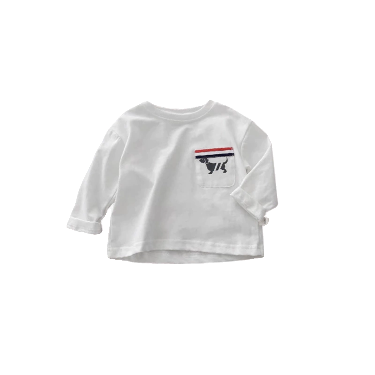 小童口袋T恤男童秋款圆领长袖白色上衣简约风纯棉打底衫小卡通标,淘宝优惠券,粉丝福利购,淘宝优惠卷