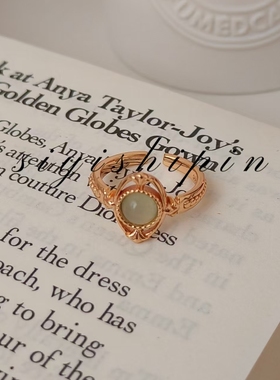 新品上新s925纯银镀真金开口戒指轻奢款葡萄玉开口青色指环戒指