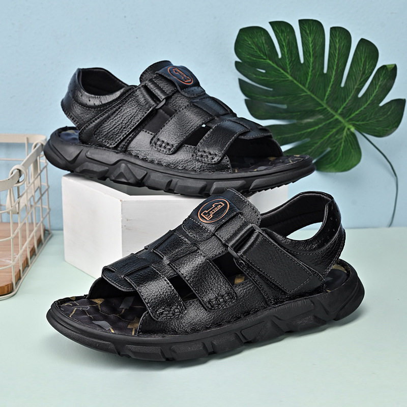 跨境大码凉鞋 夏季真牛皮透气沙滩休闲男鞋乳胶垫踩屎感男士凉鞋,淘宝优惠券,粉丝福利购,淘宝优惠卷