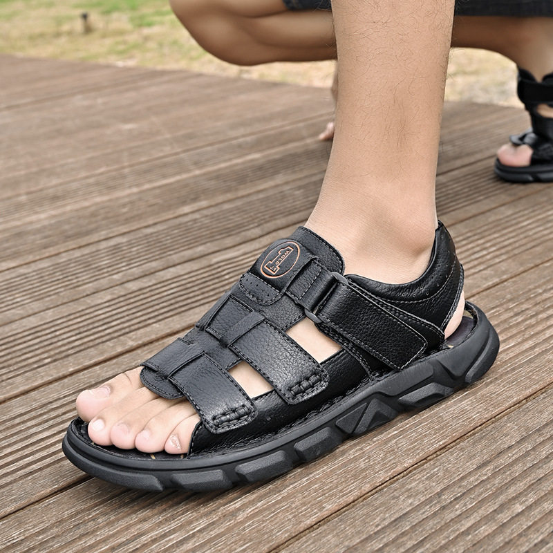 跨境大码凉鞋 夏季真牛皮透气沙滩休闲男鞋乳胶垫踩屎感男士凉鞋,淘宝优惠券,粉丝福利购,淘宝优惠卷