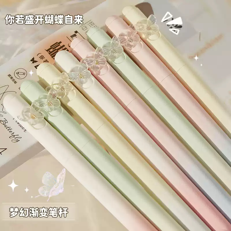 Gel pen, high-looking girl model, niche ins style writing for butterfly, gradient brush, quick-drying dopamine black pen