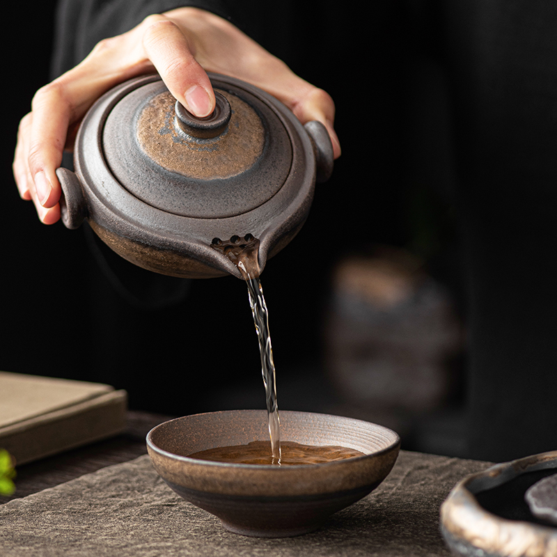 鎏金烧粗陶快客杯手抓壶防烫陶瓷一壶两杯旅行茶具便携盖碗茶碗 - 图3