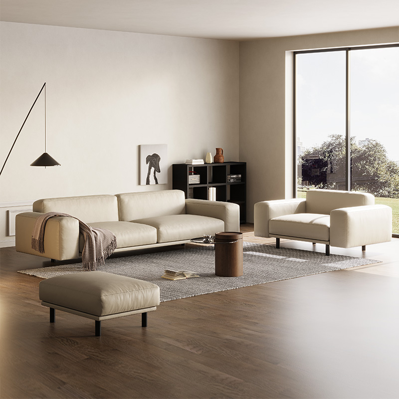 PAULJOHN北欧极简真皮沙发创意轻奢小户型现代直排三人沙发豆腐块-图2