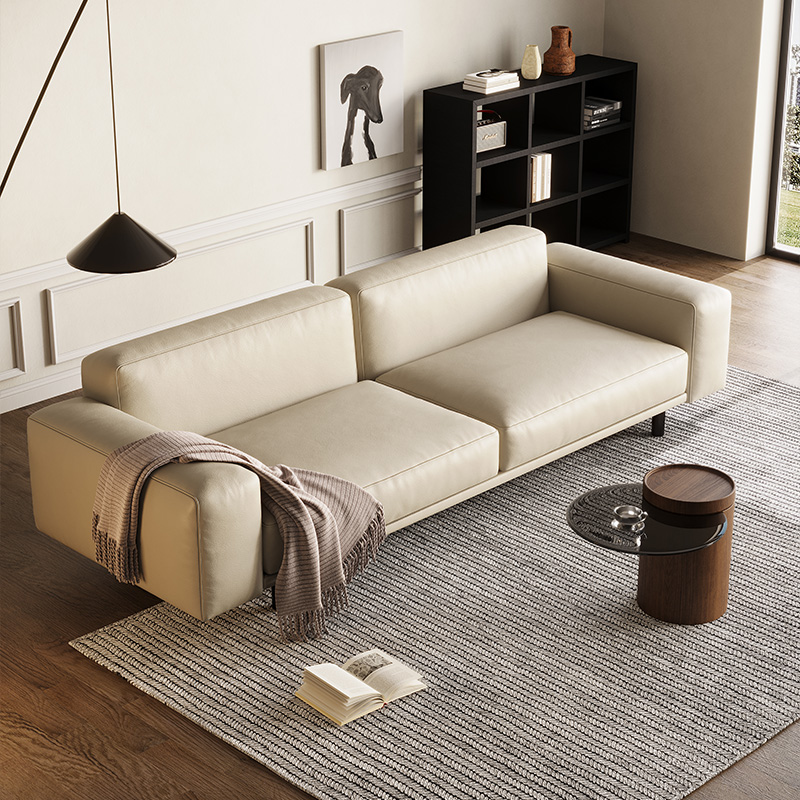 PAULJOHN北欧极简真皮沙发创意轻奢小户型现代直排三人沙发豆腐块-图0