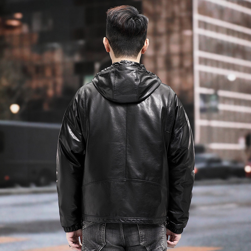 可拆卸鹅绒内胆宽松阔版夹克真皮皮衣男短款连帽蝙蝠袖山羊皮外套,淘宝优惠券,粉丝福利购,淘宝优惠卷