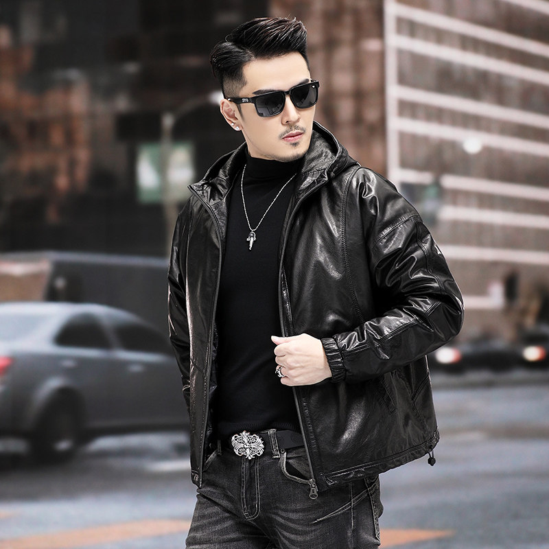 可拆卸鹅绒内胆宽松阔版夹克真皮皮衣男短款连帽蝙蝠袖山羊皮外套,淘宝优惠券,粉丝福利购,淘宝优惠卷