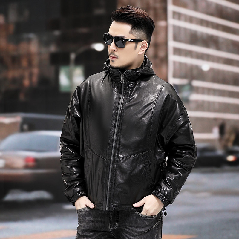可拆卸鹅绒内胆宽松阔版夹克真皮皮衣男短款连帽蝙蝠袖山羊皮外套,淘宝优惠券,粉丝福利购,淘宝优惠卷