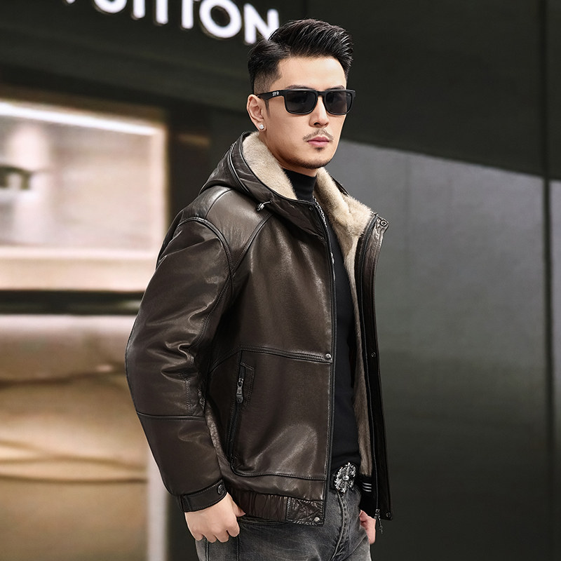 2025进口银蓝整貂皮毛一体外套男士真皮皮衣水貂短款连帽貂皮夹克,淘宝优惠券,粉丝福利购,淘宝优惠卷