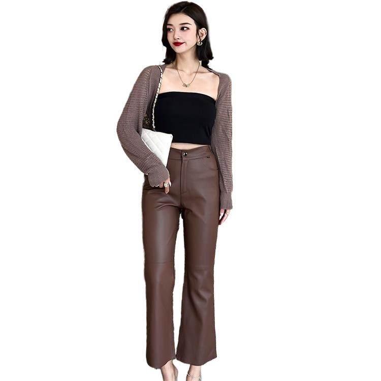 真皮皮裤女 秋冬新款通勤气质微喇裤 2025绵羊皮净版打底九分裤潮,淘宝优惠券,粉丝福利购,淘宝优惠卷