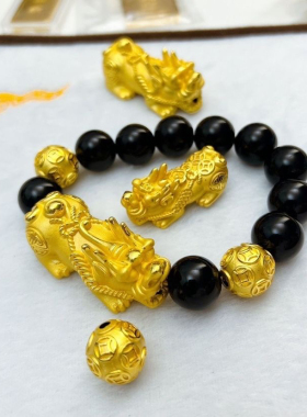 南非锡金招财大貔貅手串黑曜石皮丘手链真金色珠子转运男佛珠送礼