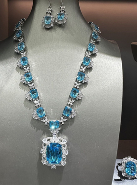 时尚轻奢晚礼服晚宴首饰饰品套装耳环项链圣玛利亚色海蓝宝三件套