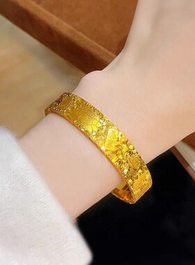 金店同款爆闪吉言莲花招财猫碎冰冰手镯女款实心宽开口送女友礼物