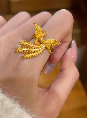 金店同款沙金凤凰花边戒指女中式婚嫁风金色戒指可调节指环