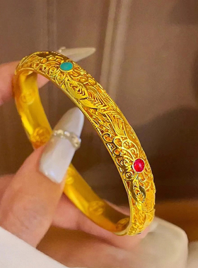 金店同款沙金花丝珐琅皇后手镯钱币闭口镯子新中式宫廷送女友礼物