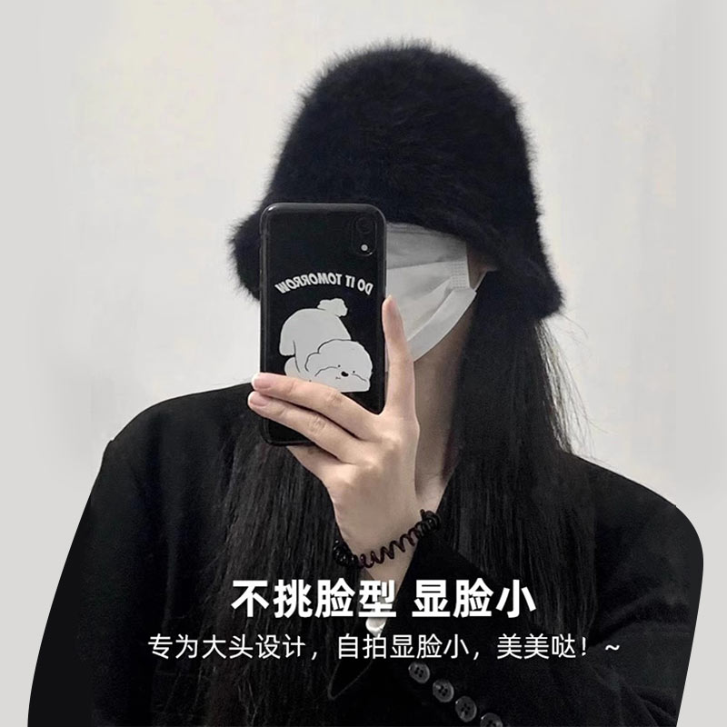 渔夫帽兔绒水桶帽女秋冬日系百搭时尚新款显脸小遮脸护耳保暖盆帽