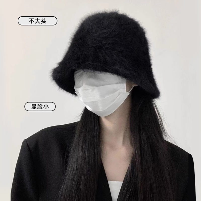 渔夫帽兔绒水桶帽女秋冬日系百搭时尚新款显脸小遮脸护耳保暖盆帽