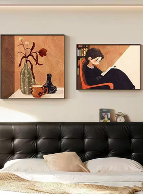 中古风人物双联装饰画法式复古小众文艺餐厅卧室床头背景墙挂画