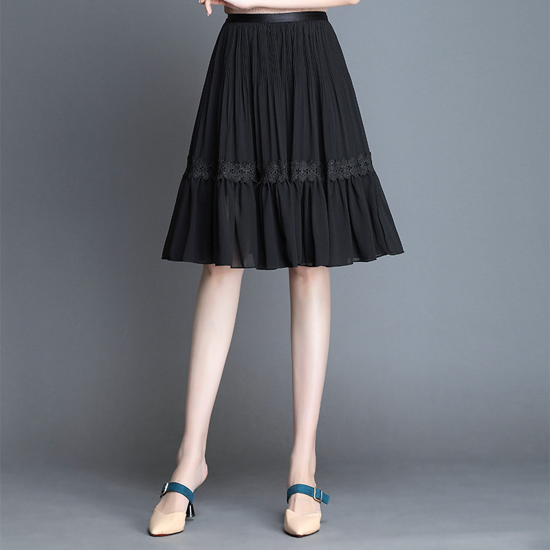 雪纺女夏中长款高腰遮胯黑色半身裙 诠慕半身裙