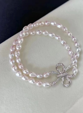 4.5-5mm双层极光keshi珍珠手链伴彩丰富粉白光蝴蝶结配件仙女百搭