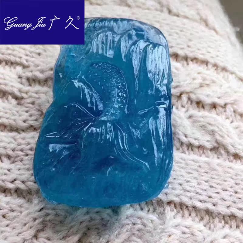 广久天然海蓝宝龙雕刻颜色漂亮吊坠 广久项坠/吊坠