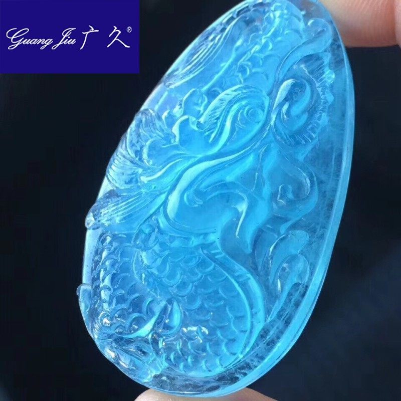广久冰种天然海蓝宝龙牌水头足吊坠 广久项坠/吊坠