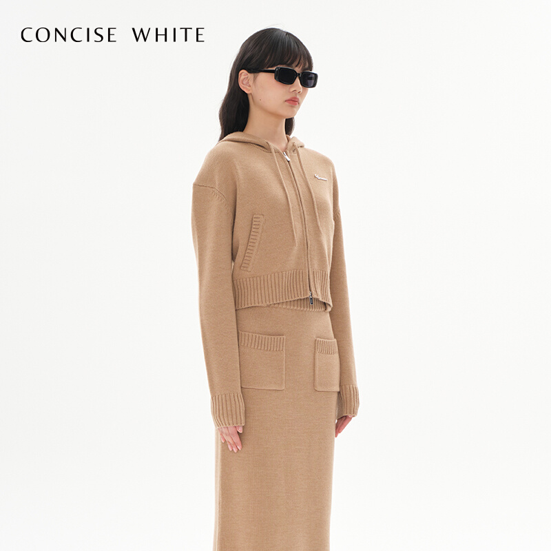 CONCISE-WHITE简白连帽短款针织开衫女羊毛衫23秋新品设计师品牌