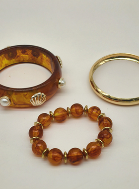 琥珀色贝壳欧美树脂手镯三件套
