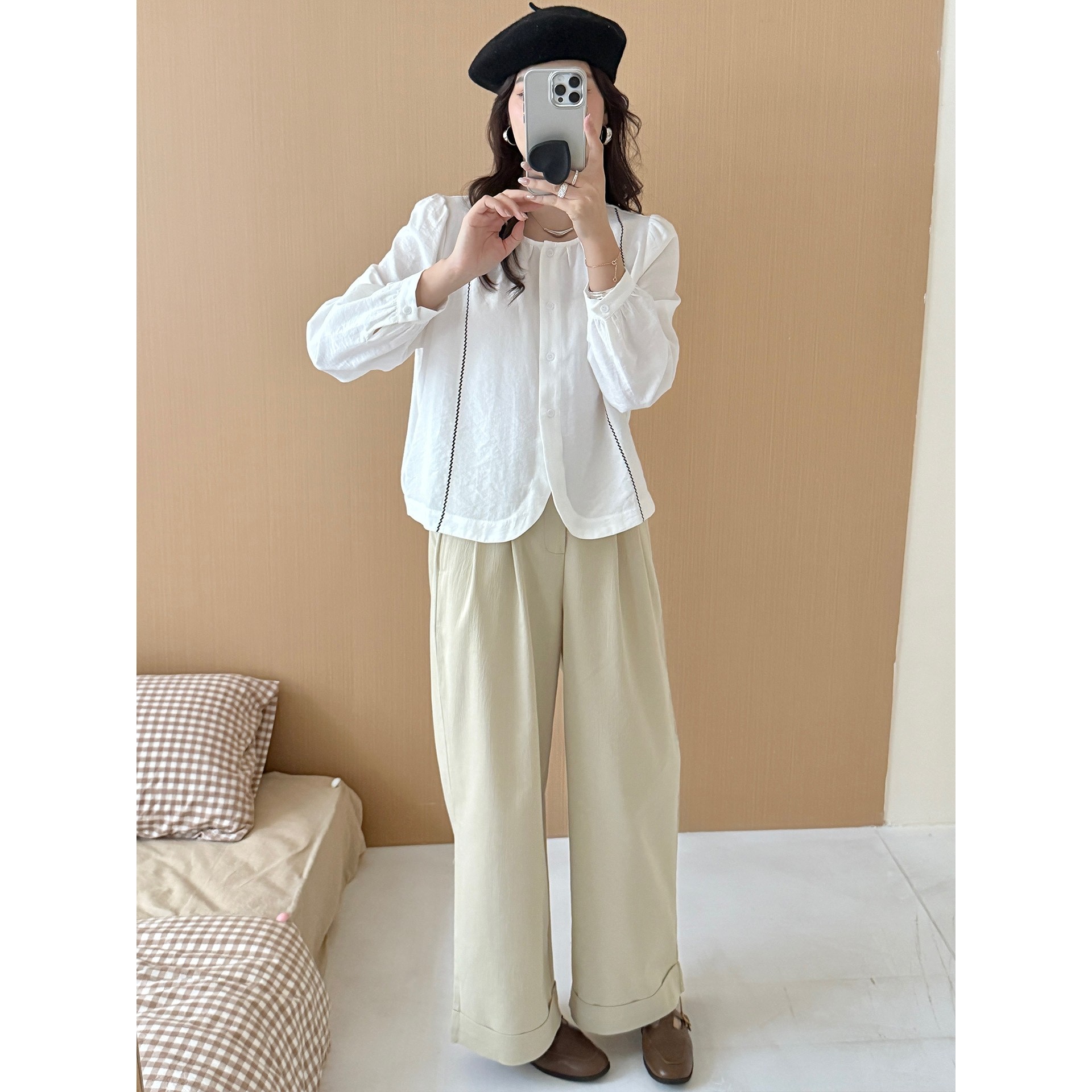 香港潮牌棉茧 圆领减龄气质长袖衬衫女装2025秋装新款时尚韩版纯,淘宝优惠券,粉丝福利购,淘宝优惠卷