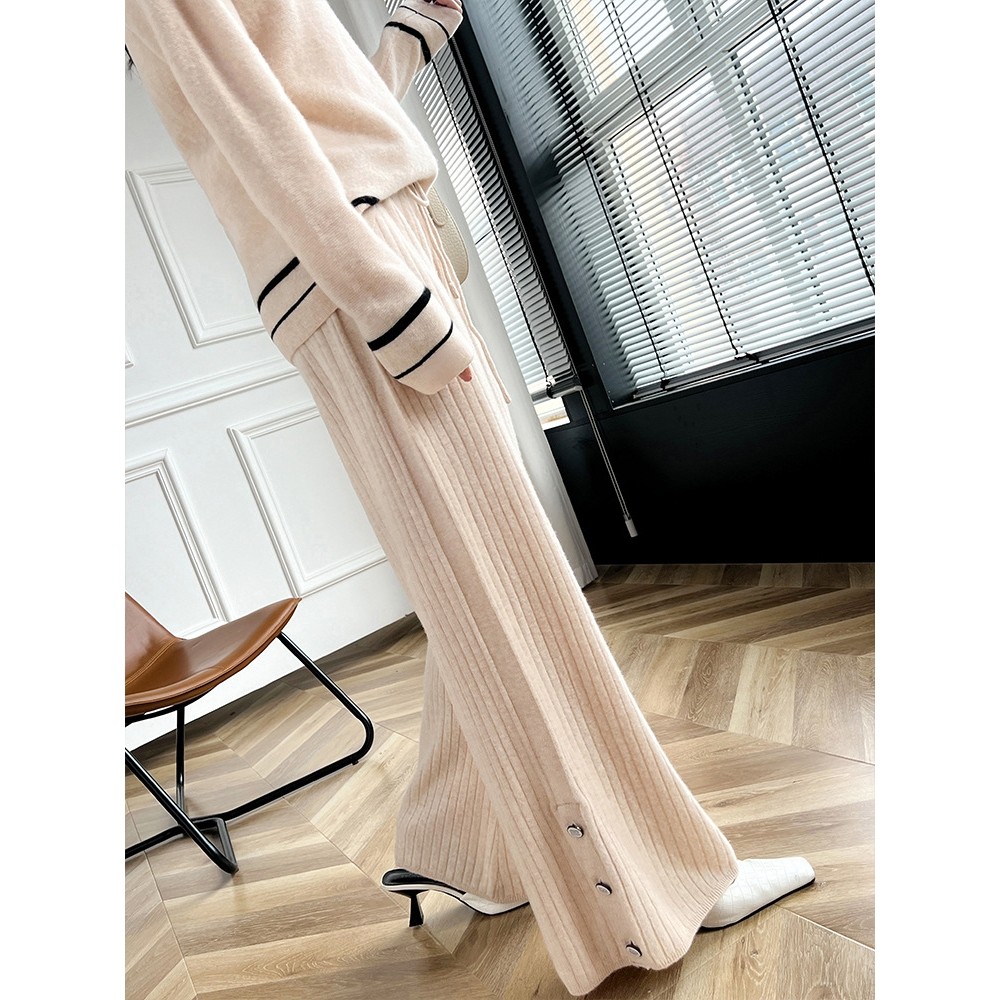 香港潮牌25秋冬100纯羊毛阔腿裤女垂感针织直筒宽松外穿侧开叉拖,淘宝优惠券,粉丝福利购,淘宝优惠卷