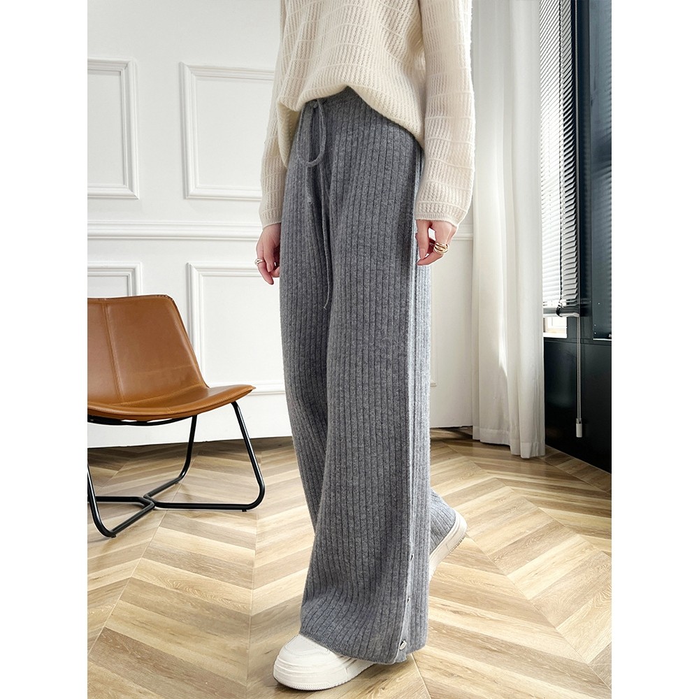 香港潮牌25秋冬100纯羊毛阔腿裤女垂感针织直筒宽松外穿侧开叉拖,淘宝优惠券,粉丝福利购,淘宝优惠卷
