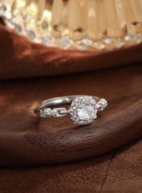 S999纯银足银方糖戒指女ins小众轻奢高级感方钻链条食指开口指环