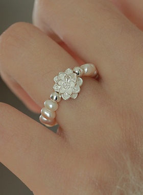 小众设计天然强光淡水土豆珍珠999足银莲花S925纯银银珠戒指国风